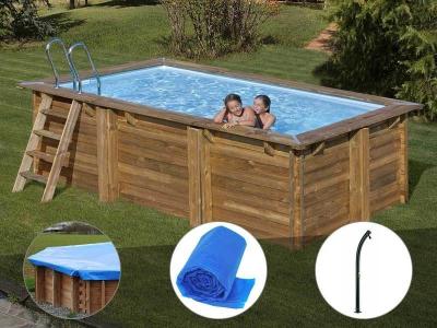 Kit piscine bois Gr&eacute; Marbella 4,20 x 2,70 x 1,17 m + B&acirc;che hiver + B&acirc;che &agrave; bulles + Douche