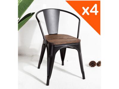 KOSMI - Lot de 4 chaises style Industriel m&eacute;tal noir mat et assise bois avec accoudoirs