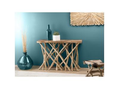 MACABANE Console nature plateau bois Teck - pieds bois flott&eacute; - CLEA