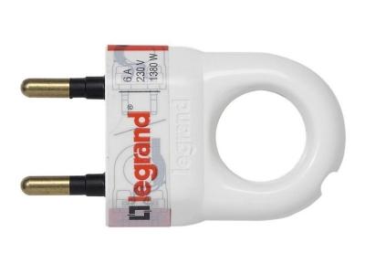 Fiche &eacute;lectrique m&acirc;le en plastique - 2 phases - 6 A - blanc