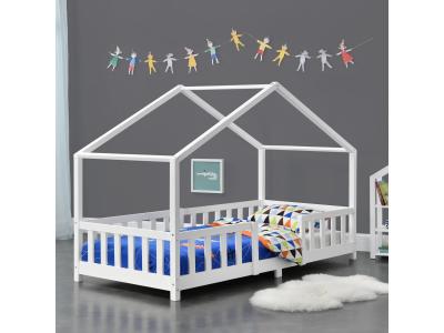 Lit d'Enfant Forme Maison avec Grille de Protection Treviolo  200 x 90 cm Blanc Mat Laqu&eacute;