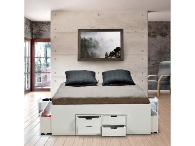 Lit double JAZZ 160x200 7 tiroirs + 2 chevets / Blanc/ 202x164x45