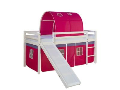 Lit mezzanine pour enfant avec sommier toboggan tunnel rideau mod&egrave;le rose fonc&eacute; 90x200 cm LIT06188