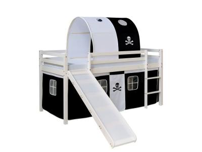 Lit mezzanine pour enfant avec sommier toboggan tunnel rideau mod&egrave;le noir pirate 90x200 cm LIT06196