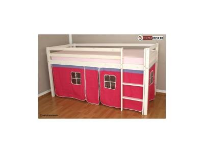 Lit Simple Blanc 90x200 en hauteur avec echelle et rideau fuchsia