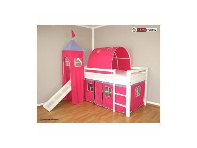 Lit Simple Blanc 90x200 en hauteur avec echelle Rideau et Tunnel Tour et Toboggan Fuchsia