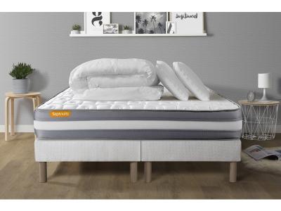 Pack matelas sommier Blanc Memo plus M&eacute;moire de forme avec 2 oreillers et couette
