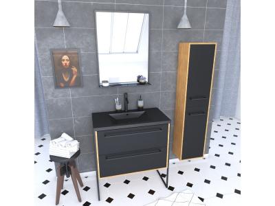 Meuble de salle de bain 80x50cm - vasque noir effet pierre -tiroirs noir mat + colonne + mirroir
