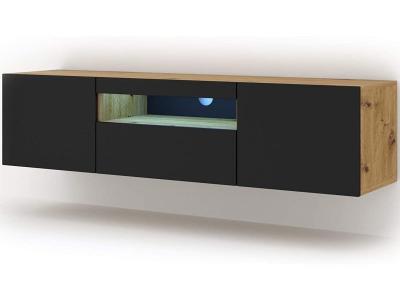 Meuble TV couleur ch&ecirc;ne et noir avec rangements fabriqu&eacute; en HDF et MDF avec &eacute;clairage Bim Furniture