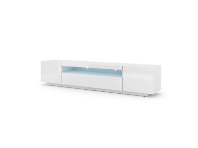 Meuble TV bas universel Aura 200 cm &agrave; suspendre ou &agrave; poser blanc mat / blanc brillant avec LED