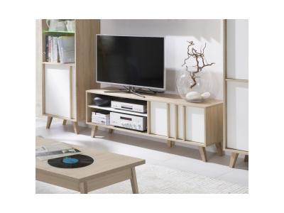 Meuble TV - HIFI de type scandinave de la collection MALMO. Coloris blanc mat + sonoma.