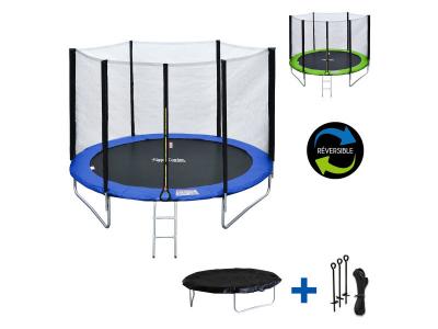 Pack premium trampoline 180cm r&eacute;versible bleu - vert cairns + filet, &eacute;chelle, b&acirc;che et kit d'ancrage