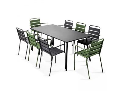 Palavas - table de jardin et 8 fauteuils en m&eacute;tal vert cactus et gris