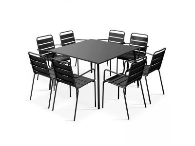 Palavas - Table de jardin carr&eacute;e et 8 fauteuils en m&eacute;tal gris - Gris