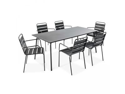 Palavas - Table de jardin et 6 fauteuils en m&eacute;tal gris - Gris