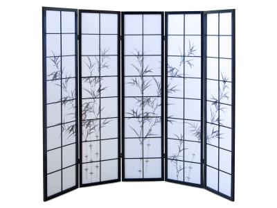 Paravent japonais en bois noir dessin bambou de 5 pans -PEGANE-