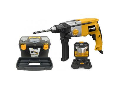 Perceuse &agrave; percussion 1050w vito + coffret 50 pi&egrave;ces forets et embouts + boite &agrave; outils 18