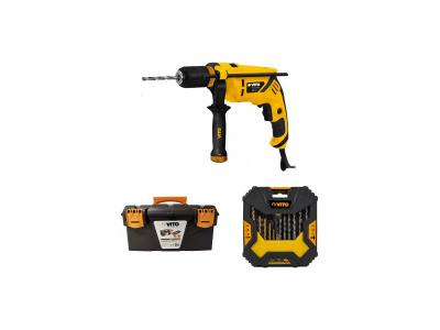 Perceuse &agrave; percussion 600W VITO + Coffret &agrave; outils 50 pi&egrave;ces + Bo&icirc;te &agrave; outils VITO