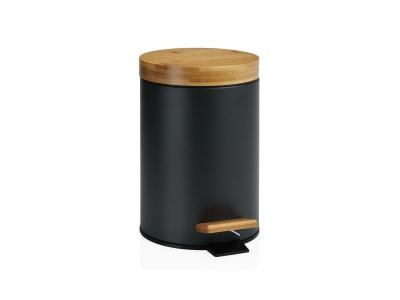 Poubelle de Salle de Bain en M&eacute;tal Noir Couvercle Bambou - 3L