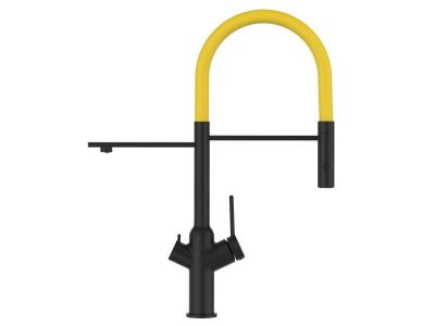 Robinet de cuisine 3 voies noir mat bec jaune orientable, douche 2 jets d&eacute;tachable VZBF018125