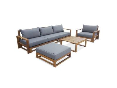 Salon De Jardin En Bois 5 Places - Mendoza - Coussins Gris. Canap&eacute;. Fauteuils Et Table Basse En