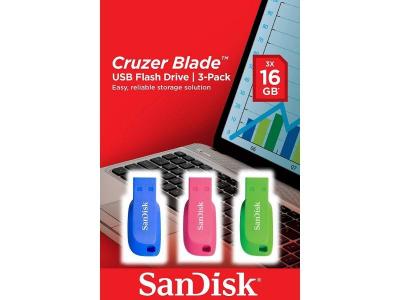 SanDisk 16GB Cruzer Blade USB Flash Drive 3-pack , Blue/Pink/Green