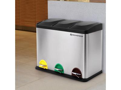 SONGMICS Poubelle de cuisine 3 compartiments, Acier Inoxydable + Noir