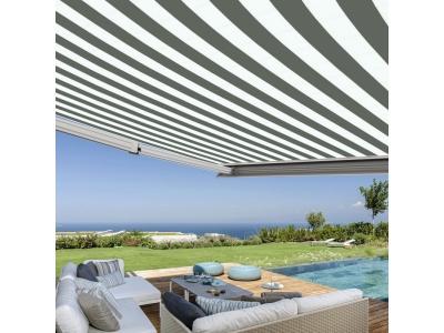Store banne coffre int&eacute;gral 3,5 x 3 m motoris&eacute; et manuel ext&eacute;rieur pour terrasse - Blanc gris