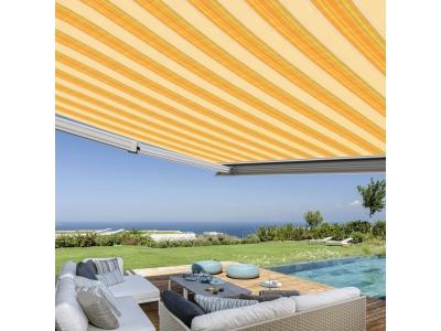 Store banne coffre int&eacute;gral 4,5 x 3,5 m motoris&eacute; et manuel ext&eacute;rieur pour terrasse - Jaune ray&eacute;