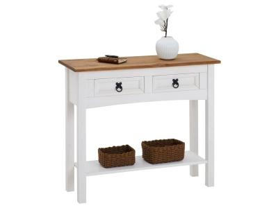 Table console CAMPO avec 2 tiroirs, style mexicain en pin massif blanc et brun