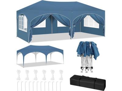Tonnelle de jardin pliante avec 6 parois lat&eacute;rales,imperm&eacute;able,avec sac de transport,3x6m,bleu 