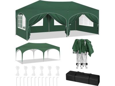 Tonnelle de jardin pliante avec 6 parois lat&eacute;rales,imperm&eacute;able,avec sac de transport,3x6m,vert