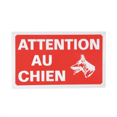 Plaque en m&eacute;tal ATTENTION AU CHIEN - rouge et blanc - 33 x 20 cm