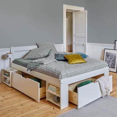 Lit rangement Tara - Bois Massif 140 x 200 cm Blanc