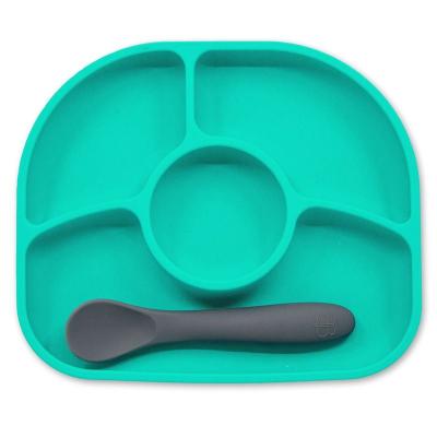 Assiette compartiments ventous&eacute;e et cuill&egrave;re en silicone Vert et gris