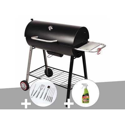 Barbecue &agrave; charbon sur chariot michigan + malette de 8 accessoires inox + d&eacute;grai