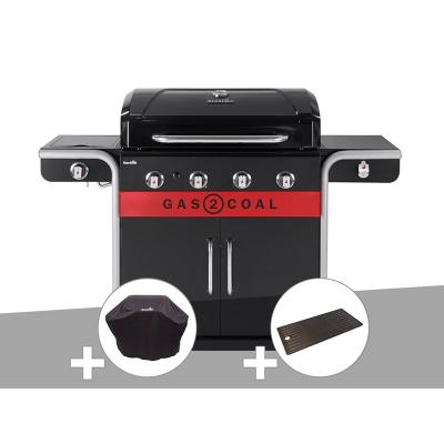 Barbecue &agrave; gaz et &agrave; charbon Gas2Coal Char-Broil 2.0 4B + Housse de protection + Plancha