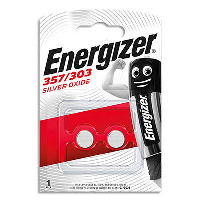 Pile bouton &agrave; l'oxyde d'argent Energizer 357/303, pack de 2