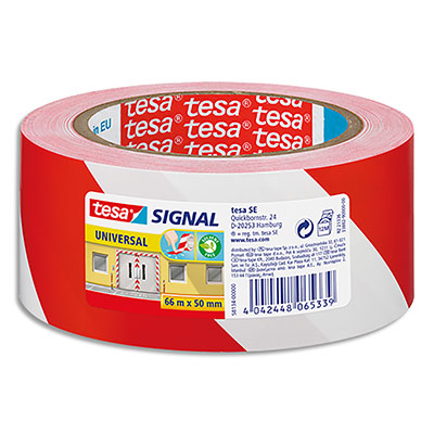 TESA Ruban adh&eacute;sif de signalisation - Rouge / Blanc (PP) - 66m x 50mm