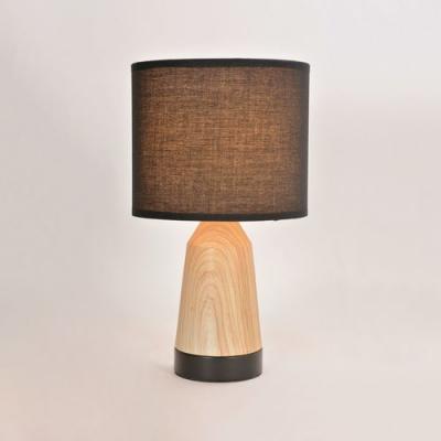Lampe Touch M&eacute;tal Effet Bois. Abat-jour Cylindre Coton Naturel/blanc